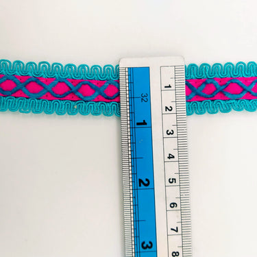 Fuchsia Pink Cotton Fabric Lace Trim with Blue Thread Embroidery, Trim By 3 Yards, Craft Decorative Ribbon